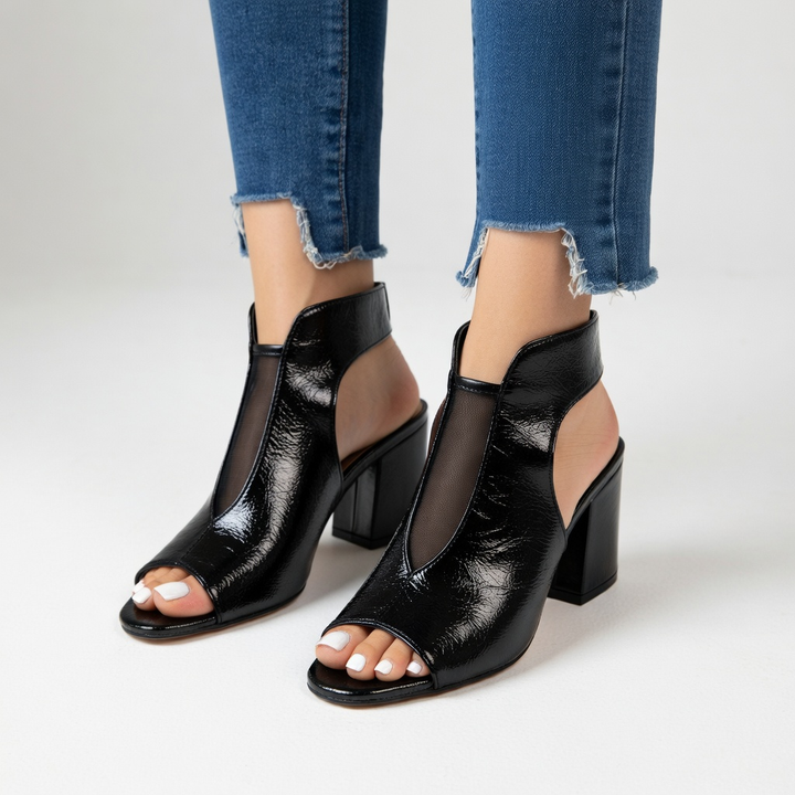 Arabelle™ — Sandale bout ouvert talon bloc 8 cm résille noire élégance urbaine