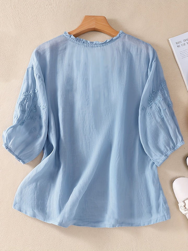Éléna™ — Blouse brodée élégante en lin mélangé