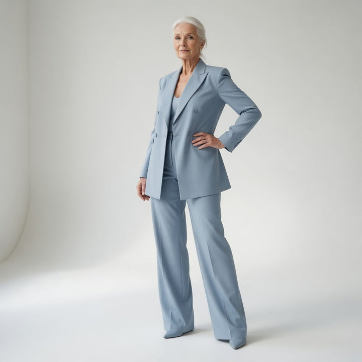 Élisabeth™ — Tailleur pantalon bleu glacier élégance structurée