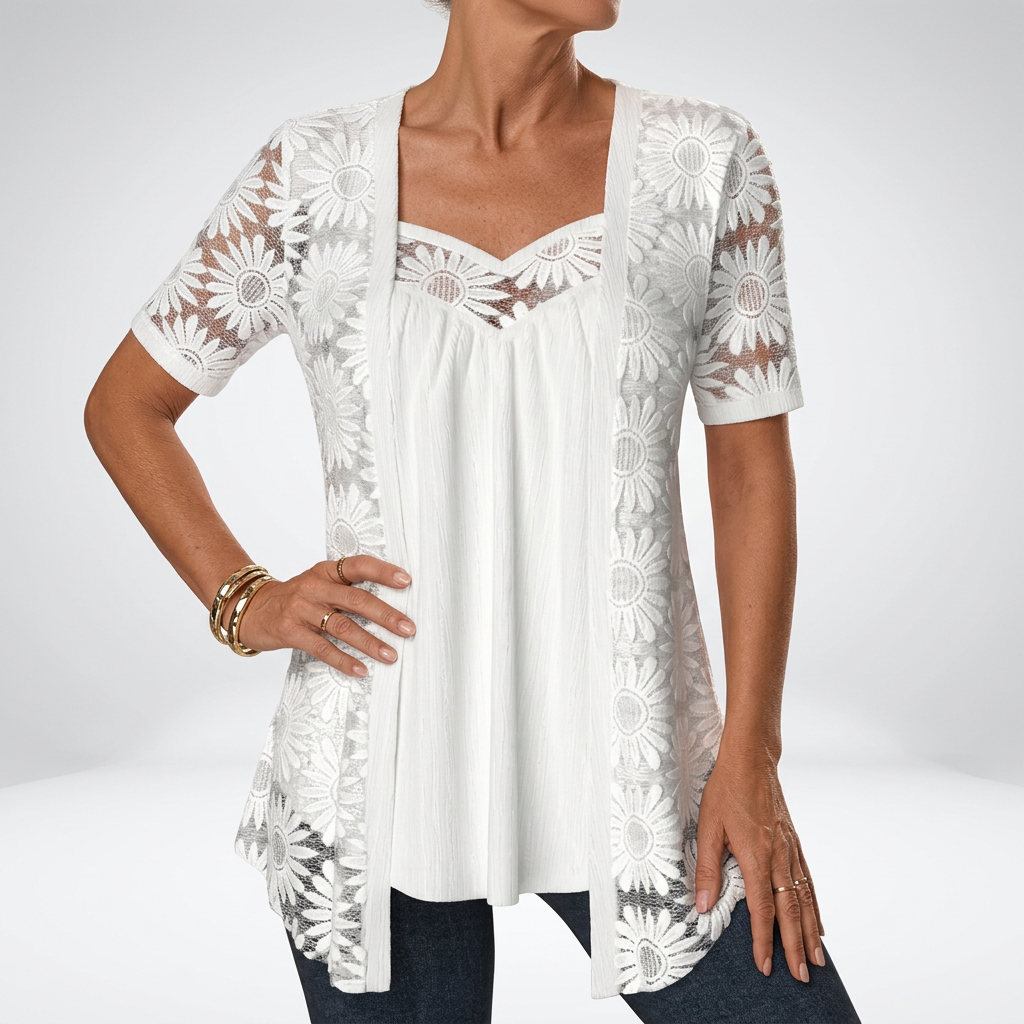 Prudence™ — Blouse blanche dentelle manches courtes élégance féminine