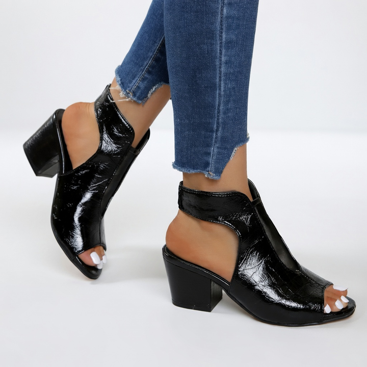 Arabelle™ — Sandale bout ouvert talon bloc 8 cm résille noire élégance urbaine