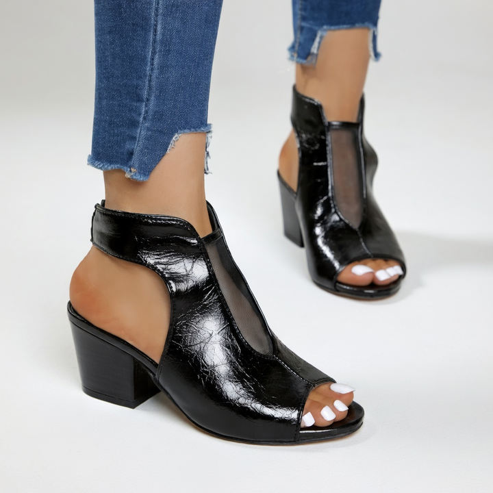 Arabelle™ — Sandale bout ouvert talon bloc 8 cm résille noire élégance urbaine