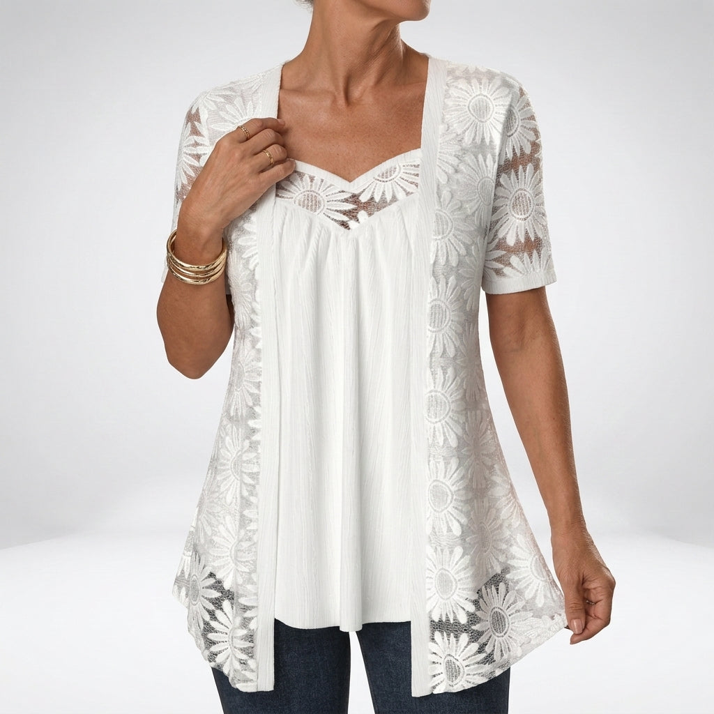 Prudence™ — Blouse blanche dentelle manches courtes élégance féminine