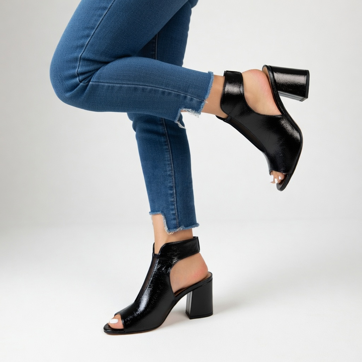 Arabelle™ — Sandale bout ouvert talon bloc 8 cm résille noire élégance urbaine