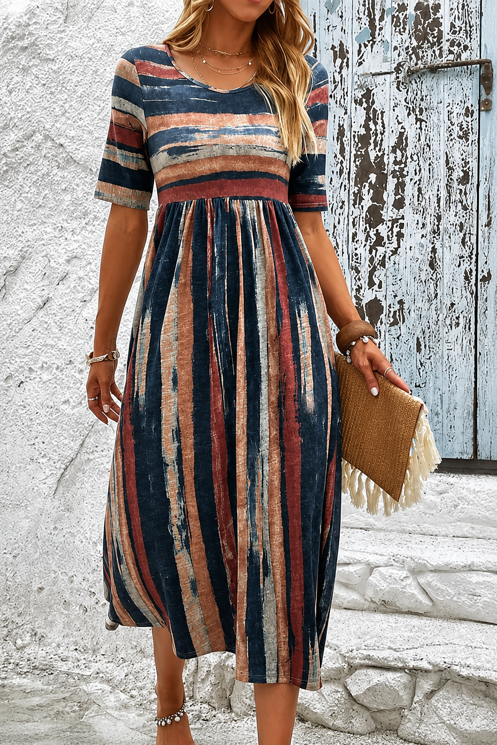Noèle - Robe Midi Rayée Camouflante du Ventre