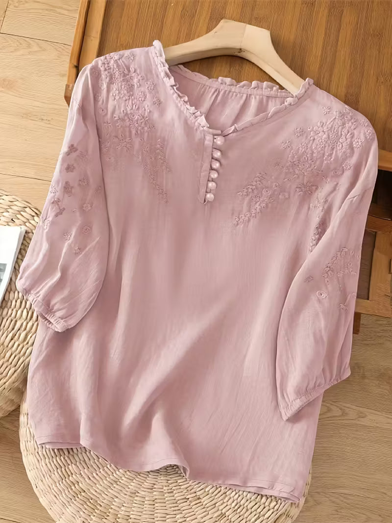 Éléna™ — Blouse brodée élégante en lin mélangé