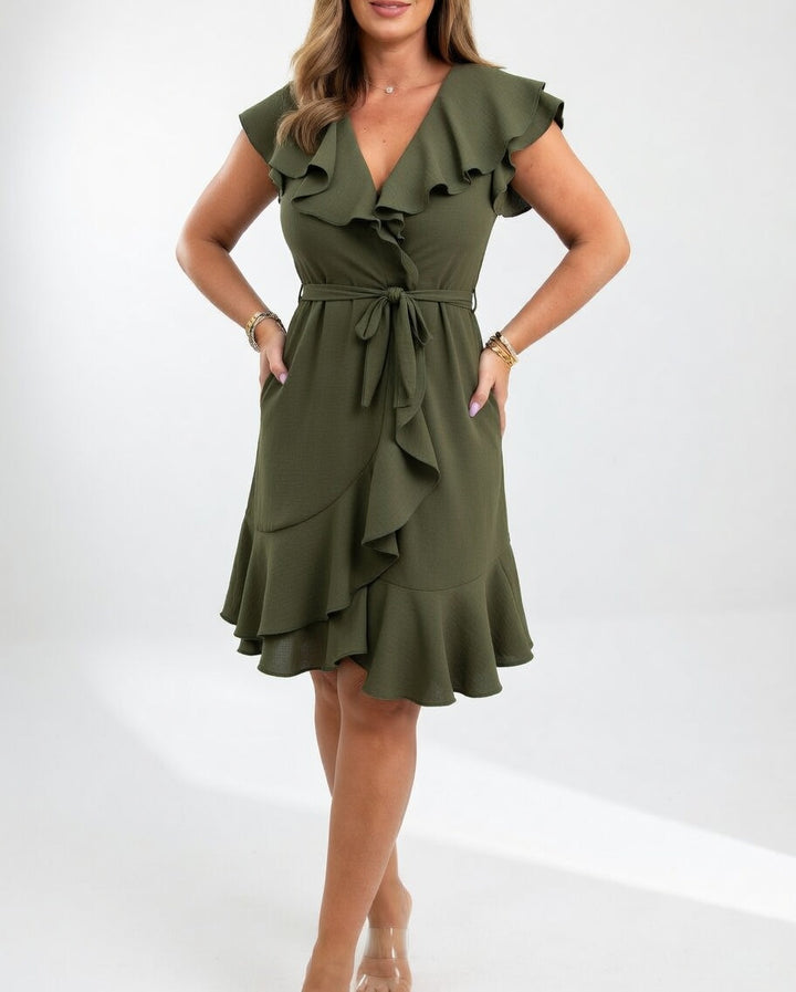 Célyane™ — Robe portefeuille noire fluide féminine