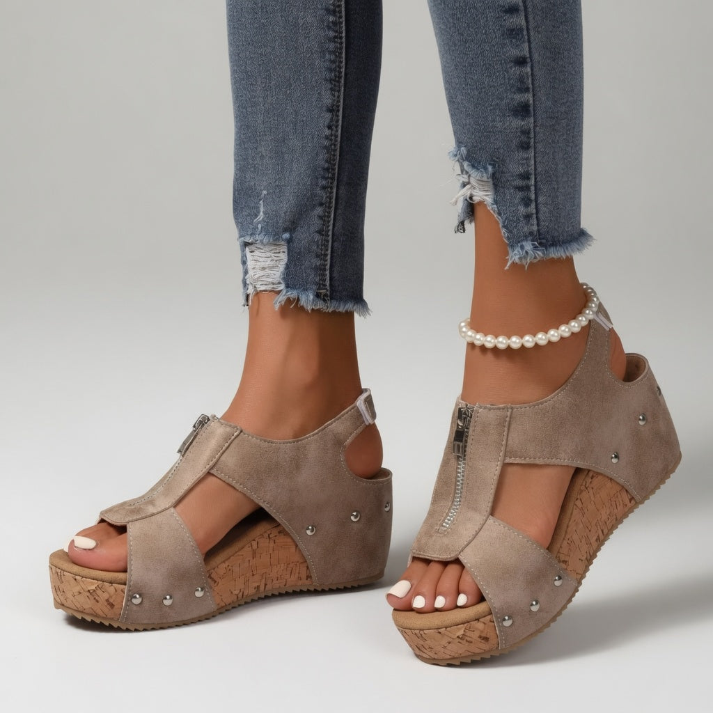 Philomène™ — Sandale compensée rivet style bohème naturel