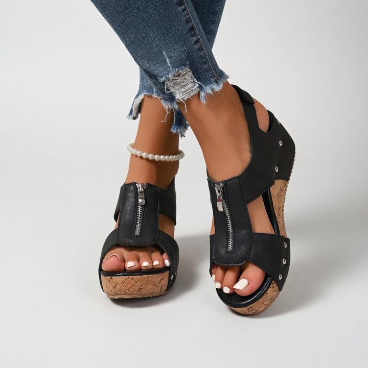 Philomène™ — Sandale compensée rivet style bohème naturel