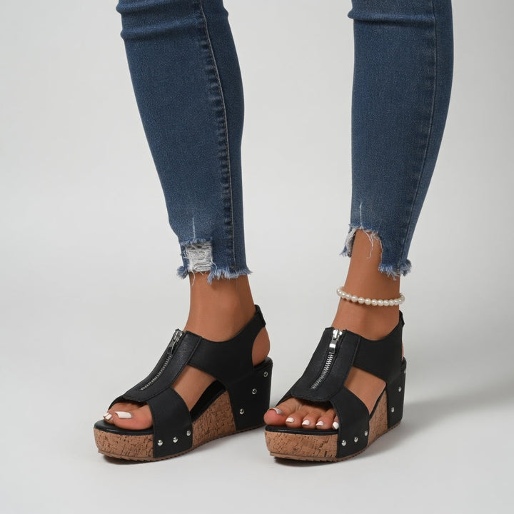 Philomène™ — Sandale compensée rivet style bohème naturel
