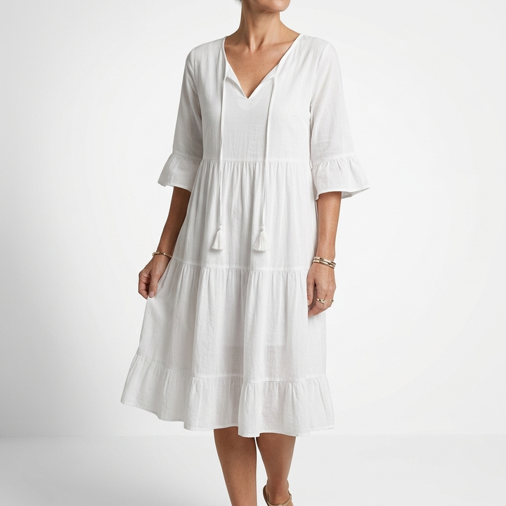 Côtelune™ — Robe smockée col V manches volantées