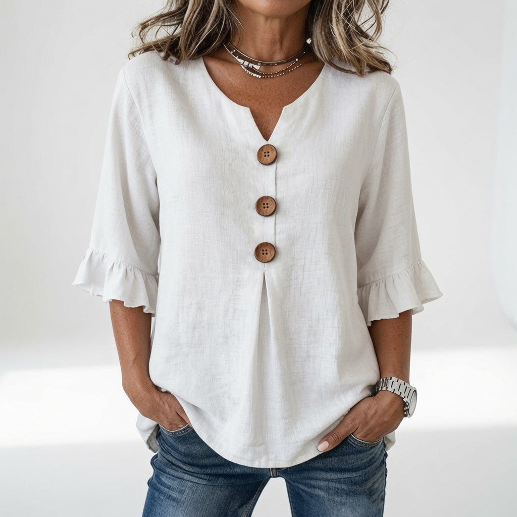 Rosanne™ — Blouse col V boutons manches volantées élégance décontractée