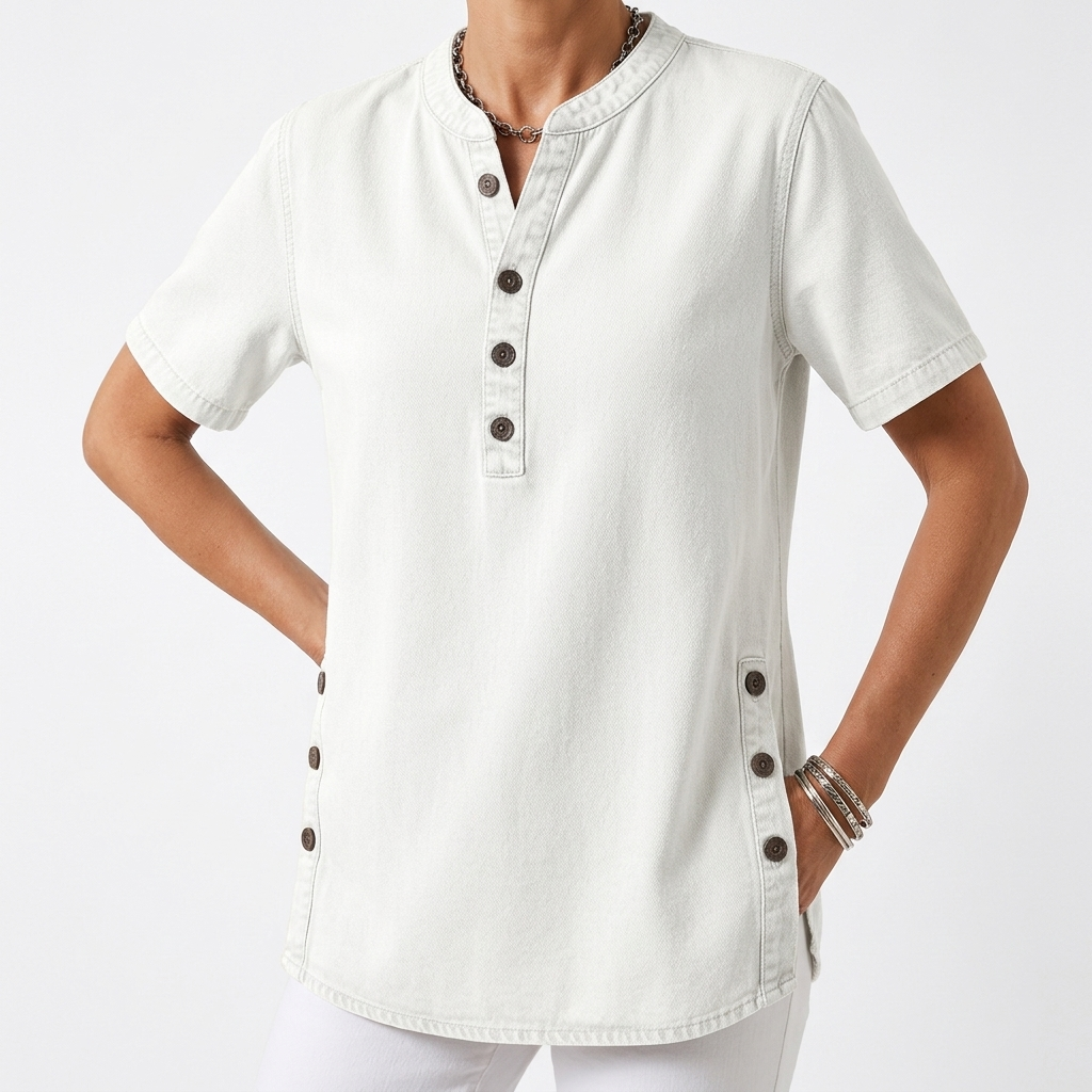 Denimelle™ — Haut effet denim col henley fentes latérales