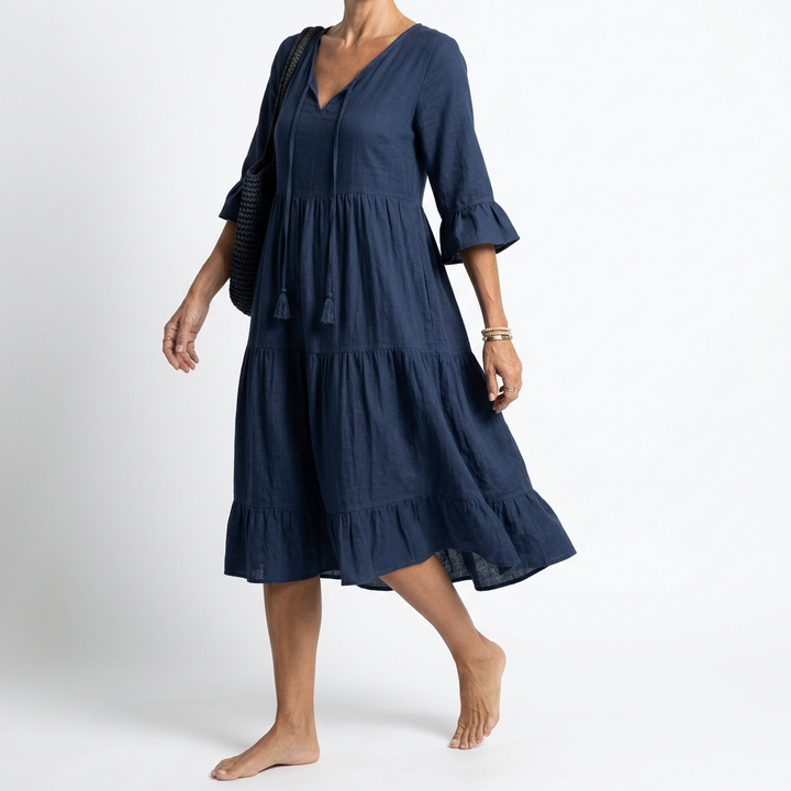 Côtelune™ — Robe smockée col V manches volantées