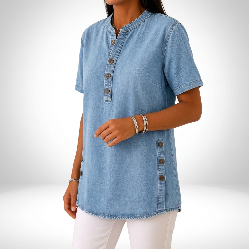 Denimelle™ — Haut effet denim col henley fentes latérales