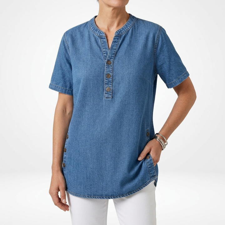 Denimelle™ — Haut effet denim col henley fentes latérales