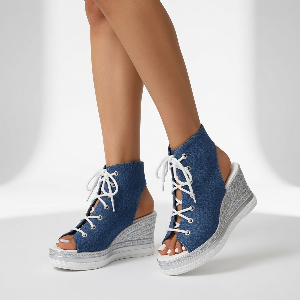 Lacéoline™ — Sneaker compensée bout ouvert lacets urbaine