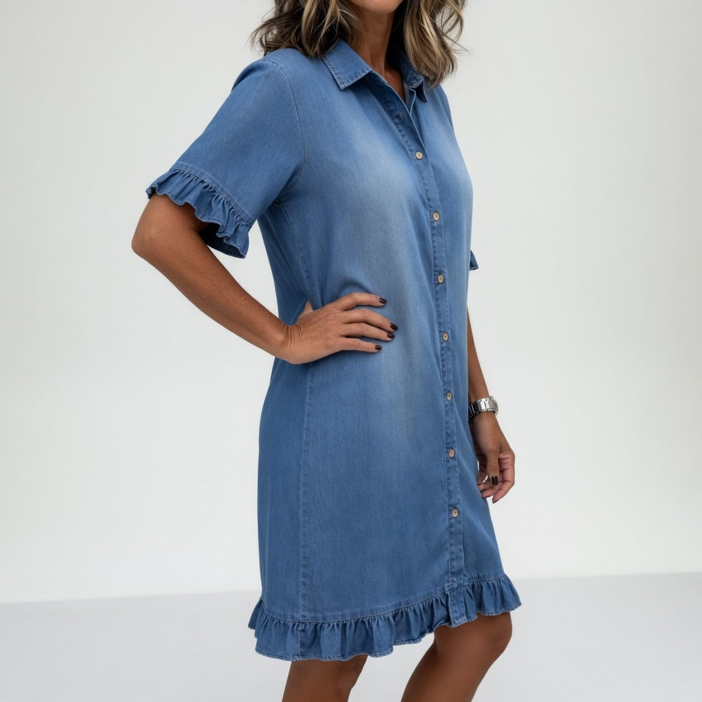 Fanette™ — Robe chemise denim effilochée charme décontracté