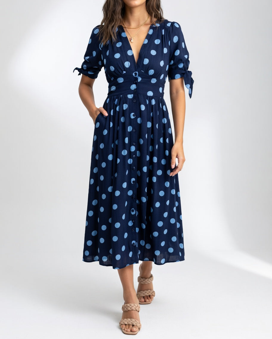 Clarisse™ — Robe midi à pois élégance naturelle