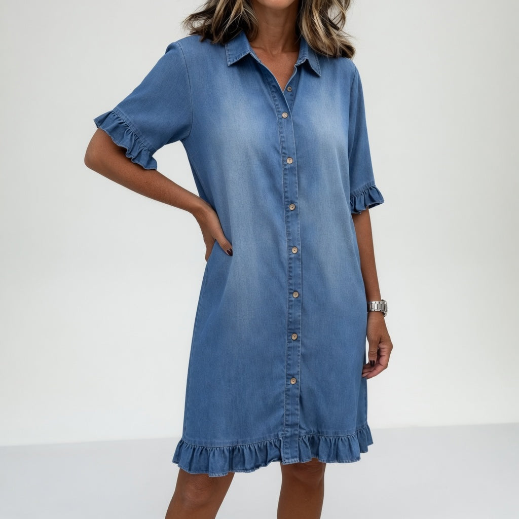 Fanette™ — Robe chemise denim effilochée charme décontracté