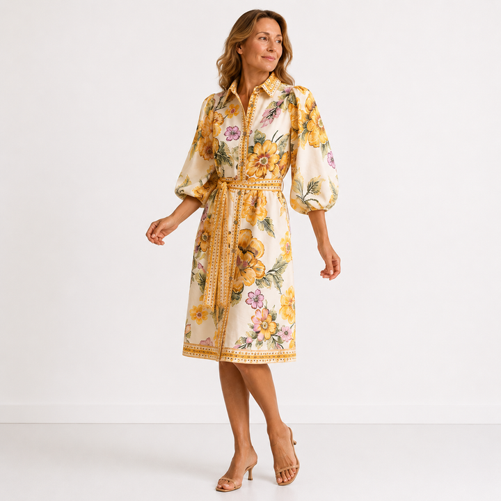 Chantal – Robe chemise fleurie à taille ceinturée