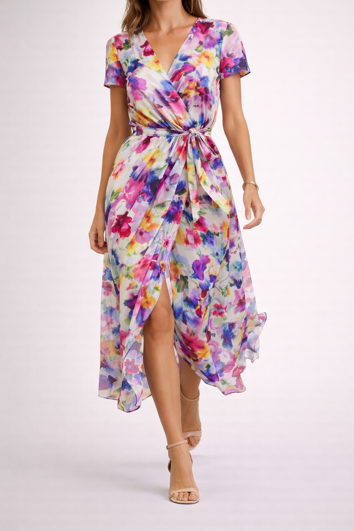 Noémie – Robe portefeuille fluide à imprimé vibrant