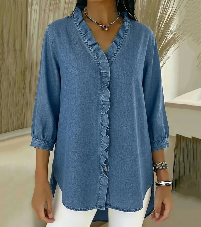 Clémence™ — Blouse fluide col V volanté