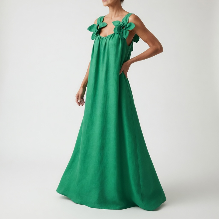 Sévrine™ — Robe maxi fluide à épaules fleuries élégance estivale naturelle