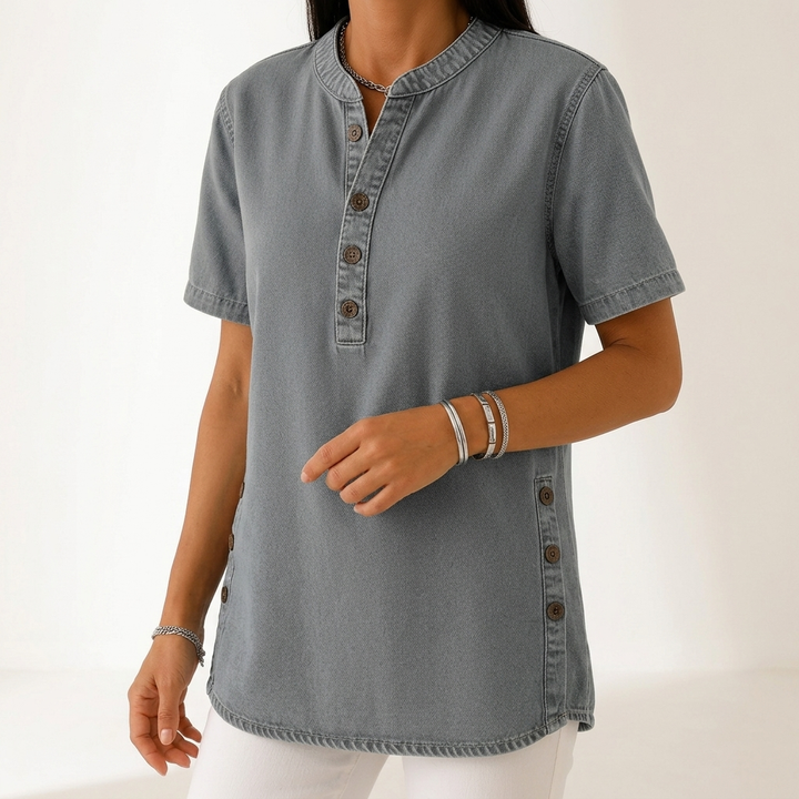 Denimelle™ — Haut effet denim col henley fentes latérales