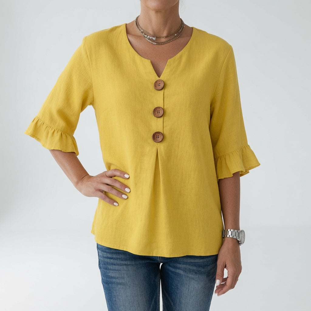 Rosanne™ — Blouse col V boutons manches volantées élégance décontractée