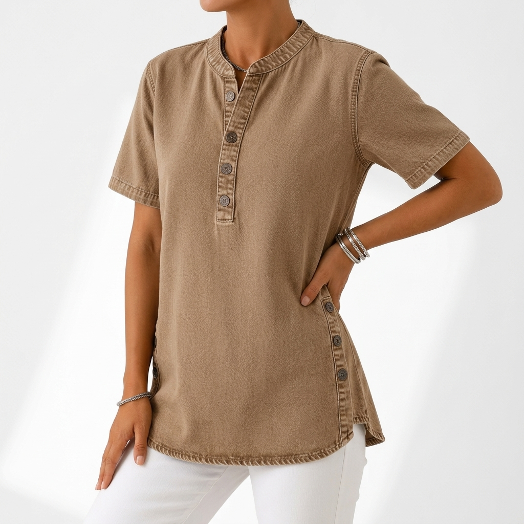 Denimelle™ — Haut effet denim col henley fentes latérales