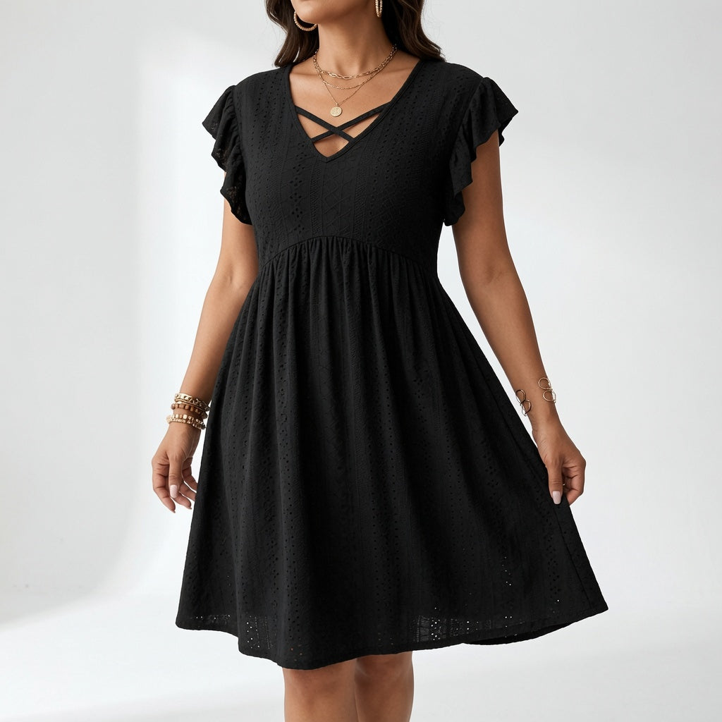 Lissette™ — Robe courte col V croisé manches volantées élégance estivale