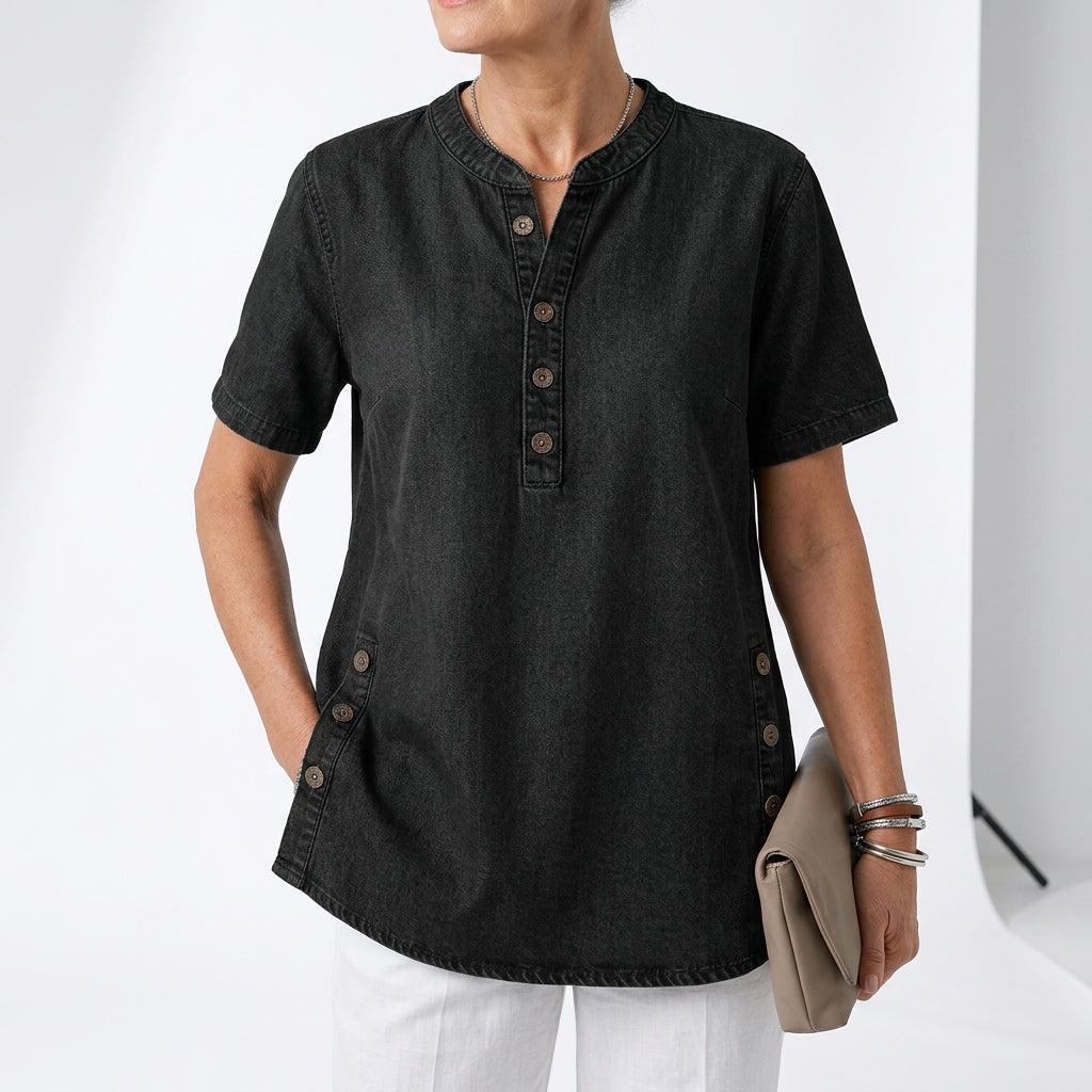 Denimelle™ — Haut effet denim col henley fentes latérales