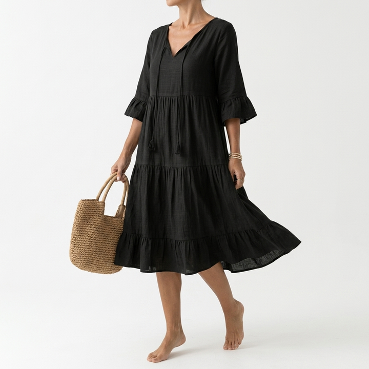 Côtelune™ — Robe smockée col V manches volantées