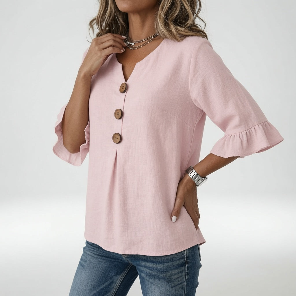 Rosanne™ — Blouse col V boutons manches volantées élégance décontractée
