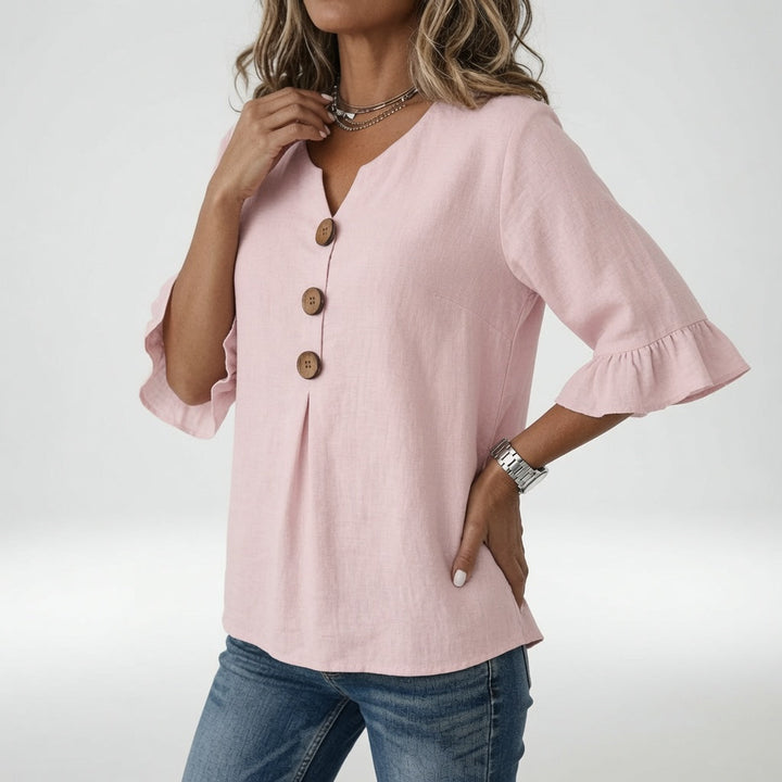 Rosanne™ — Blouse col V boutons manches volantées élégance décontractée