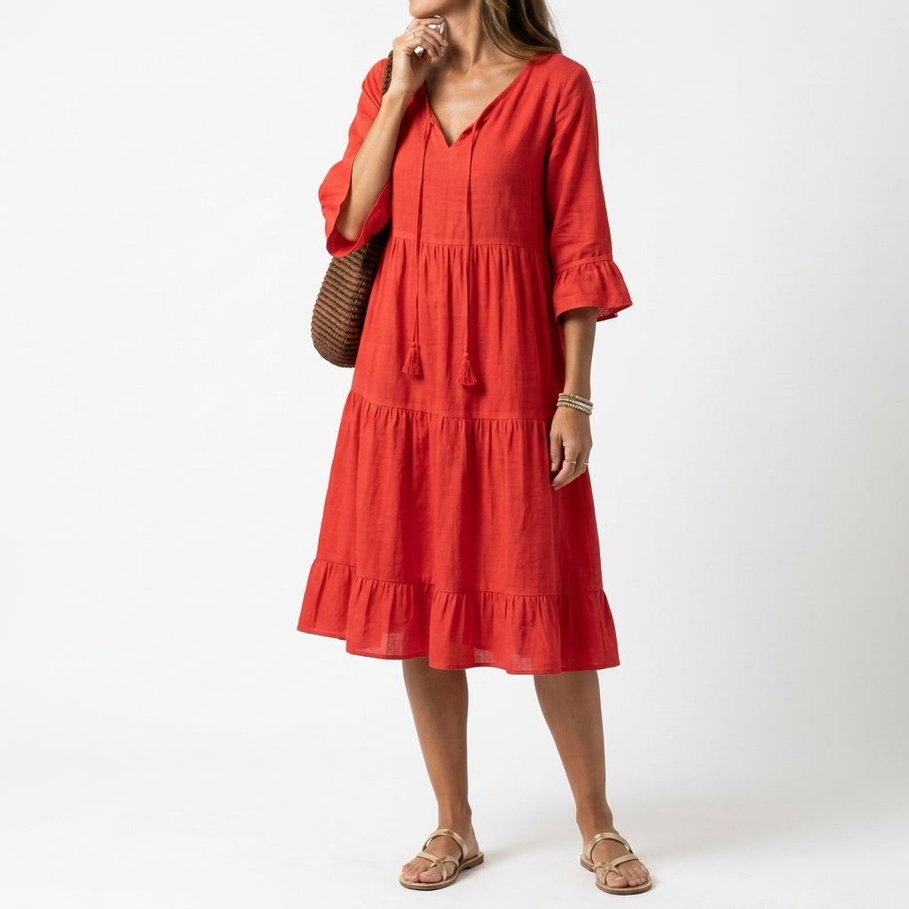 Côtelune™ — Robe smockée col V manches volantées