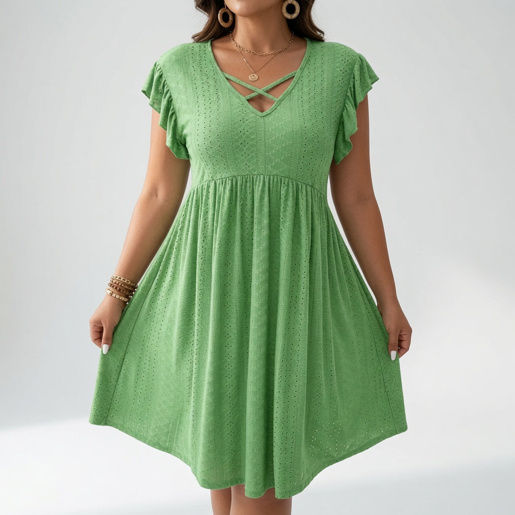 Lissette™ — Robe courte col V croisé manches volantées élégance estivale