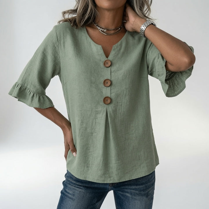 Rosanne™ — Blouse col V boutons manches volantées élégance décontractée