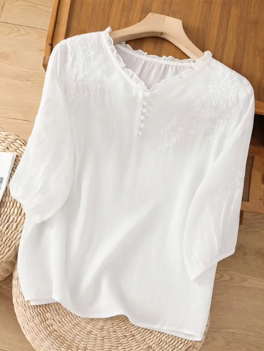 Éléna™ — Blouse brodée élégante en lin mélangé