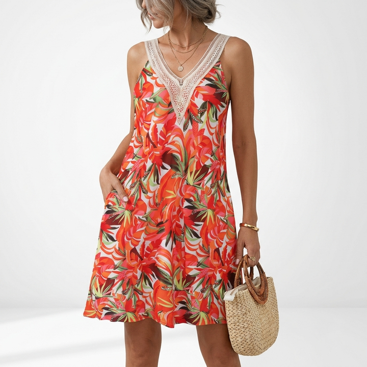 Tropicelle™ — Robe courte bretelles imprimé tropical étagée